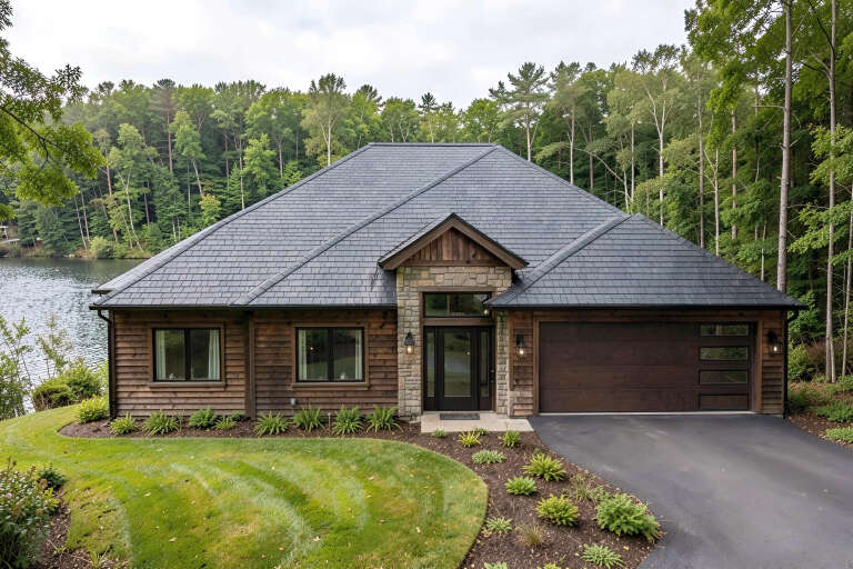 Brown Craftsman, Front Elevation with wood siding, stone accents, dark roof, modern garage door, and lush lakeside lawn. House Plan # 4440-00024 Digital Rendering by America's Best House Plans, Inc.