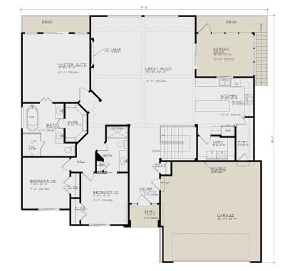 Main Floor: 3BR, 2.5BA, Great Rm w/ FP, Kitchen, Pantry, Ldry, 2-car garage, stairs, deck, screen deck. 10'-12' ceilings. House Plan # 4440-00024 Main Floor  Floor Plan Drawing by America's Best House Plans, Inc.