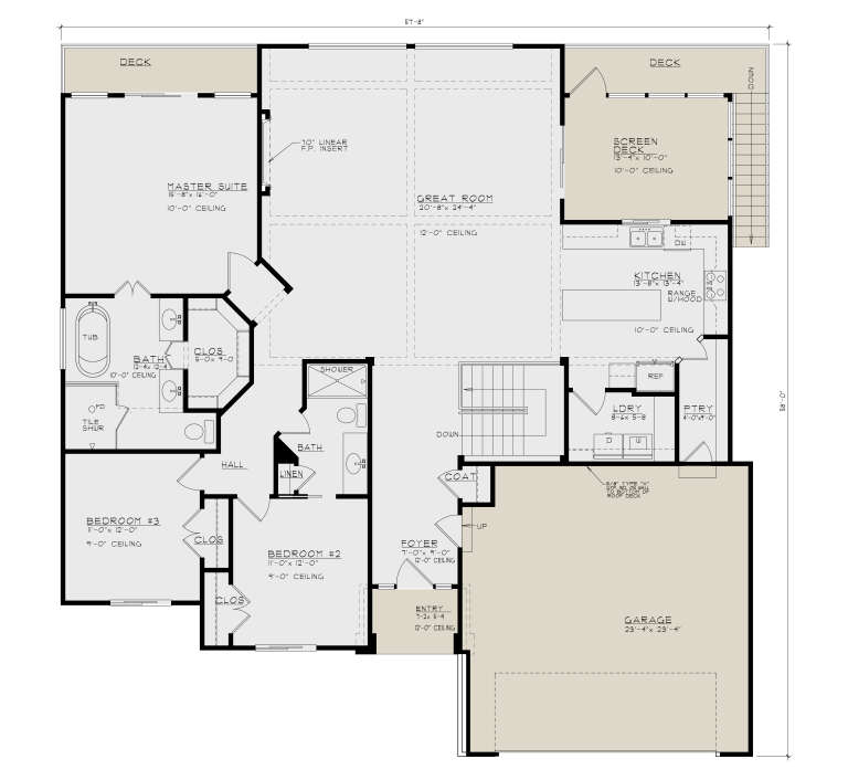 Main Floor: 3BR, 2.5BA, Great Rm w/ FP, Kitchen, Pantry, Ldry, 2-car garage, stairs, deck, screen deck. 10'-12' ceilings. House Plan # 4440-00024 Main Floor  Floor Plan Drawing by America's Best House Plans, Inc.