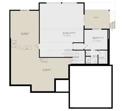 Basement: 1BR, 1BA, Entertainment room, large storage areas, closet, stairs, patio. 9'8" ceilings. Unheated: storage, patio. House Plan # 4440-00024 Basement Floor Plan Drawing by America's Best House Plans, Inc.