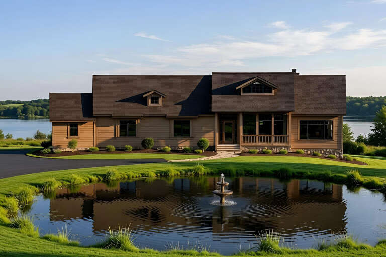 Tan Craftsman, Front Elevation with lap siding, stone base, dark roof, pond with fountain, and lush green landscaping. House Plan # 4440-00026 Digital Rendering by America's Best House Plans, Inc.