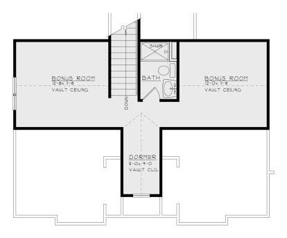 2 Bonus Rooms, 1 Bath, Dormer, Stairs. Vaulted ceilings in all rooms. House Plan # 4440-00026 Bonus Room Floor Plan Drawing by America's Best House Plans, Inc.