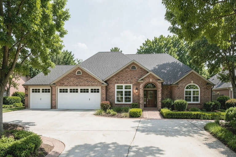 Front view of a red brick house in Traditional style, white garage doors, arched entryway, and manicured landscaping. House Plan # 4440-00027