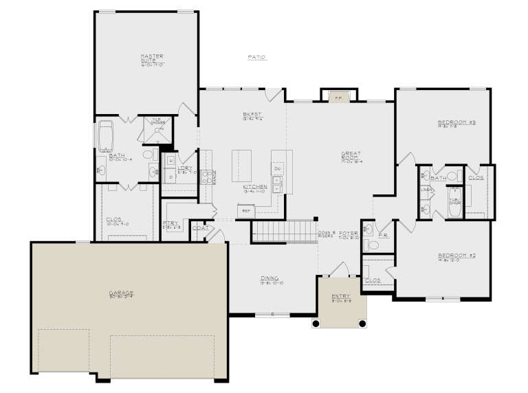 Main floor plan drawing with 3BR, 2.5BA, great room, kitchen, brkfst, dining, pantry, Ldry, 3-car garage, and patio. House Plan # 4440-00027