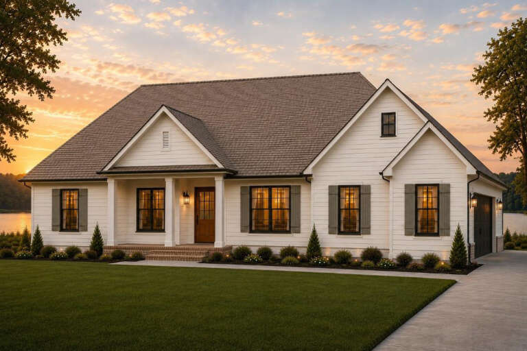 White Modern Farmhouse, Angled Front Elevation, lap siding, grey shutters, brick porch, lit windows, sunset backdrop. House Plan # 9279-00076 Digital Rendering by America's Best House Plans, Inc.