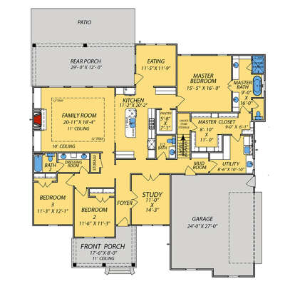 Main Floor: 3BR, 2.5BA, Family, Kitchen, Eating, Study, Mud, Ldry, 2-car garage, 2 porches, patio, tray ceiling, fireplace. House Plan # 9279-00076 Main Floor  Floor Plan Drawing by America's Best House Plans, Inc.