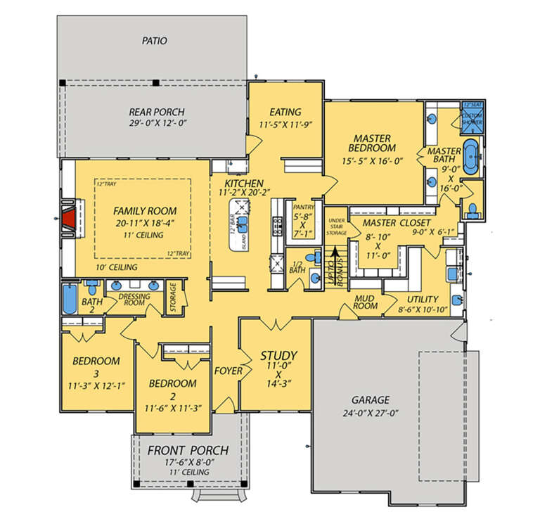 Main Floor: 3BR, 2.5BA, Family, Kitchen, Eating, Study, Mud, Ldry, 2-car garage, 2 porches, patio, tray ceiling, fireplace. House Plan # 9279-00076 Main Floor  Floor Plan Drawing by America's Best House Plans, Inc.