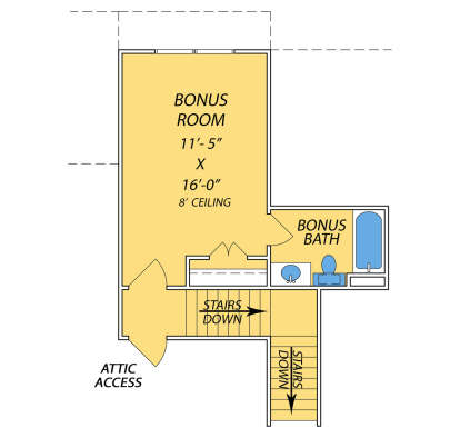 Second Floor: Bonus Room, 1 BA, closet, attic access, stairs down. 8' ceiling. House Plan # 9279-00076 Second Floor Floor Plan Drawing by America's Best House Plans, Inc.
