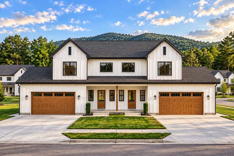 White Modern Farmhouse, Front Elevation, vertical board-and-batten siding, wood garage doors, concrete drive, lush lawn. House Plan # 963-01334 Digital Rendering by America's Best House Plans, Inc.