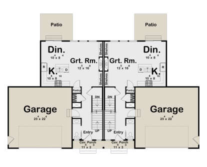 Main Floor: 2-unit duplex, each: Grt Rm, Kitchen, Dining, 1/2 Bath, Pantry, 2-car garage, stairs, Cov. Porch, Patio. House Plan # 963-01334 Main Floor  Floor Plan Drawing by America's Best House Plans, Inc.