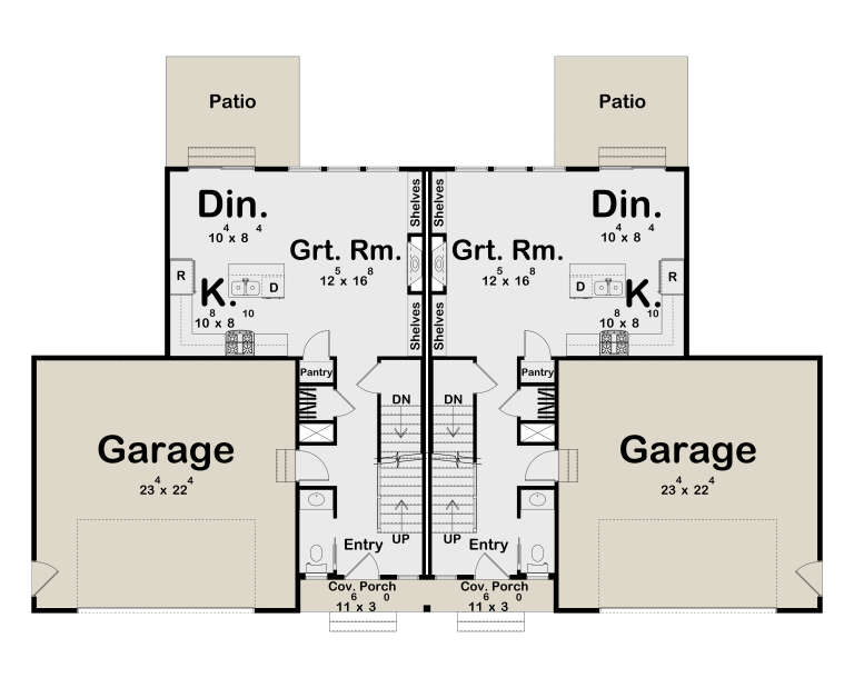 Main Floor: 2-unit duplex, each: Grt Rm, Kitchen, Dining, 1/2 Bath, Pantry, 2-car garage, stairs, Cov. Porch, Patio. House Plan # 963-01334 Main Floor  Floor Plan Drawing by America's Best House Plans, Inc.
