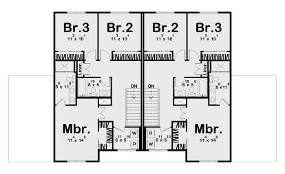 Second Floor: 6 BR, 4 BA, 2 Ldry, 2 Stairs. Each unit: Mbr, 2 BR, 2 BA, Ldry, WIC, Linen closets. Duplex layout. House Plan # 963-01334 Second Floor Floor Plan Drawing by America's Best House Plans, Inc.