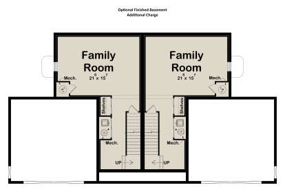 Basement: 2 Family Rooms, 2 sets of stairs, mechanical rooms, storage shelving. Unfinished areas included. House Plan # 963-01334 Basement Floor Plan Drawing by America's Best House Plans, Inc.