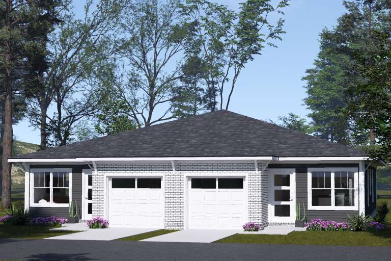 Grey Contemporary, Angled Front Elevation, white brick and siding, dual garage, concrete drive, and floral landscaping. House Plan # 4848-00633 Digital Rendering by America's Best House Plans, Inc.