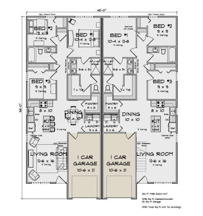 Main Floor: Duplex, 3BR, 2BA per unit, Living, Kitchen, Dining, Pantry, Ldry, 1-car garage, stairs, 9' ceilings. House Plan # 4848-00633 Main Floor Floor Plan Drawing by America's Best House Plans, Inc.