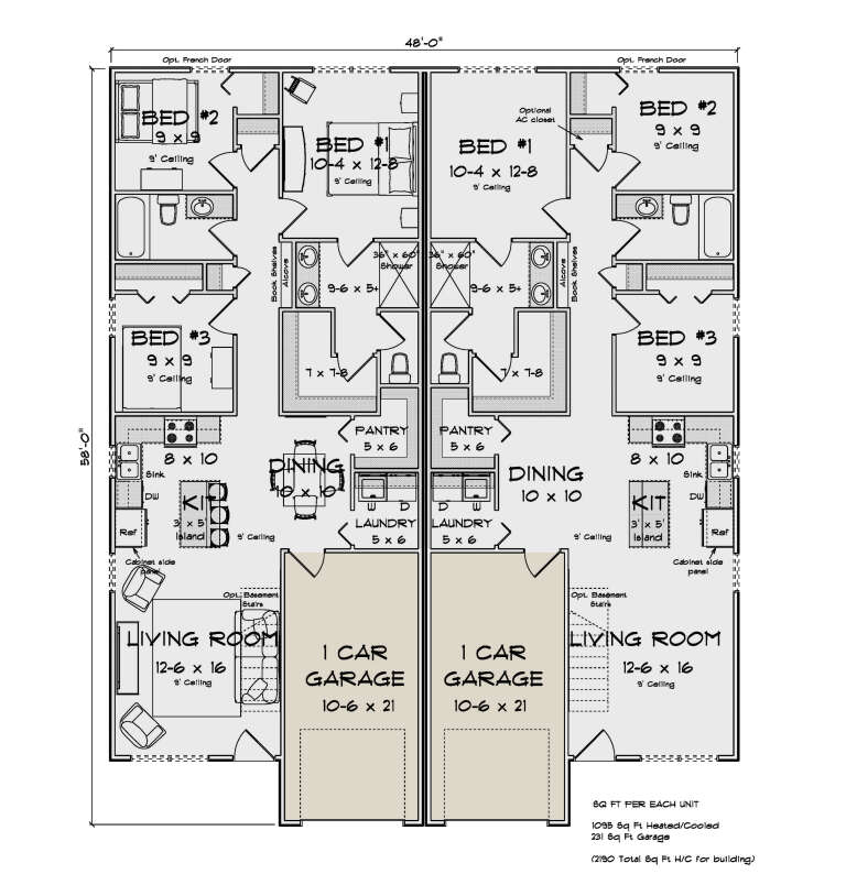 Main Floor: Duplex, 3BR, 2BA per unit, Living, Kitchen, Dining, Pantry, Ldry, 1-car garage, stairs, 9' ceilings. House Plan # 4848-00633 Main Floor Floor Plan Drawing by America's Best House Plans, Inc.