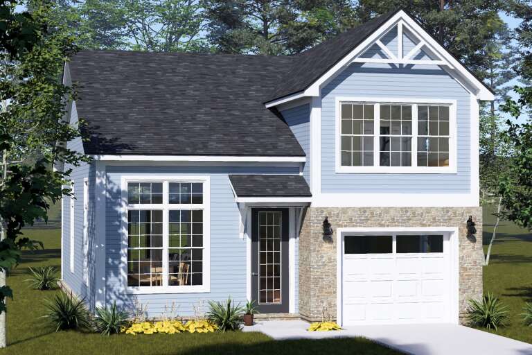 Blue Cottage, Angled Front Elevation, lap siding, stone veneer, white garage, dark roof, lantern lights, landscaping. House Plan # 4848-00635 Digital Rendering by America's Best House Plans, Inc.