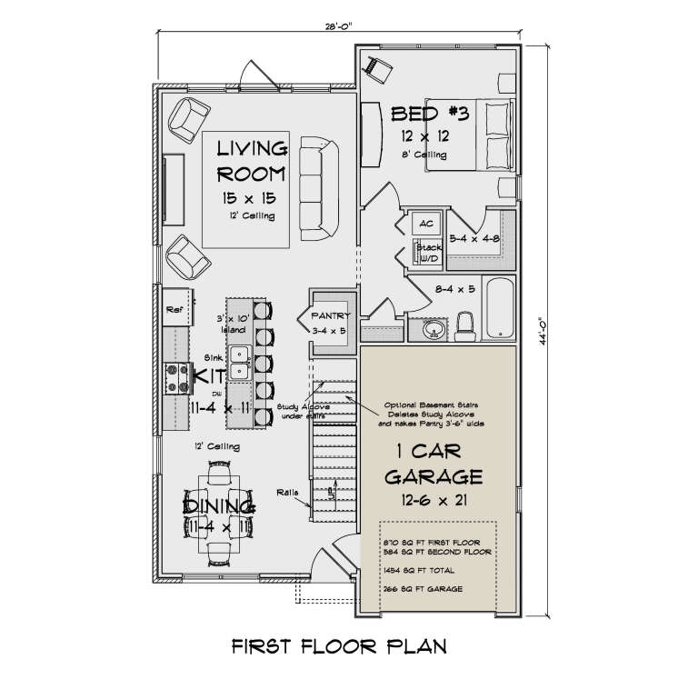 Main Floor: 1BR, 1BA, Living, Kitchen, Dining, Pantry, Ldry, Study Alcove, 1-car garage, stairs. 12' ceilings in living area. House Plan # 4848-00635 Main Floor Floor Plan Drawing by America's Best House Plans, Inc.