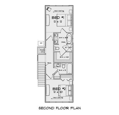Second Floor: 2BR, 2BA, Ldry, stairs. Vaulted ceilings in both bedrooms. Master suite includes WIC and soaking tub. House Plan # 4848-00635 Second Floor Floor Plan Drawing by America's Best House Plans, Inc.