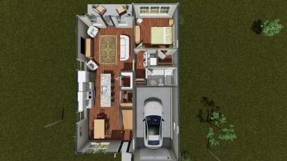 Overhead Main Floor: 1BR, 1BA, Kitchen, Dining, Living, Office, Ldry, WIC, 1-car garage, Patio. Unheated: garage, patio. House Plan # 4848-00635 Overhead Main Floor Floor Plan Drawing by America's Best House Plans, Inc.