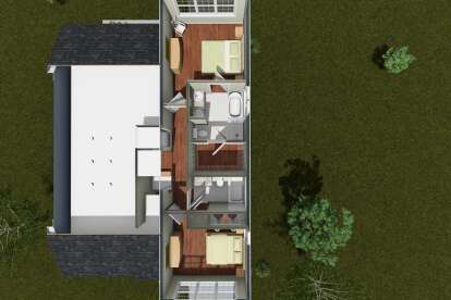 Overhead Second Floor: 2BR, 2BA, WIC, hallway closets, open area overlooking lower level. Unheated: open void area. House Plan # 4848-00635 Overhead Second Floor Floor Plan Drawing by America's Best House Plans, Inc.