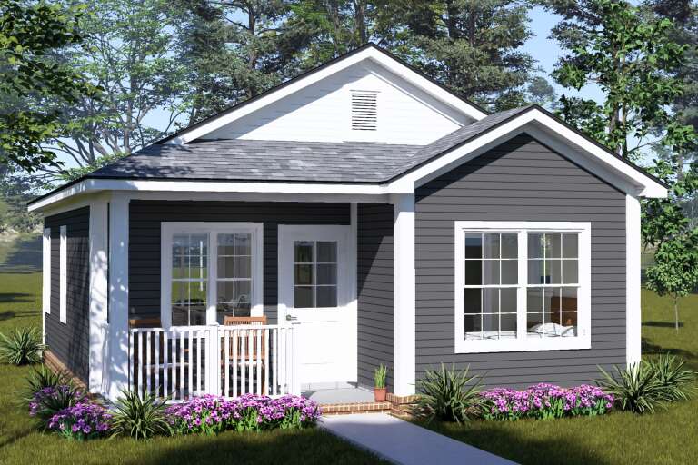 Grey Cottage, Angled Front Elevation, horizontal siding, white trim, covered porch, brick steps, and purple landscaping. House Plan # 4848-00637 Digital Rendering by America's Best House Plans, Inc.