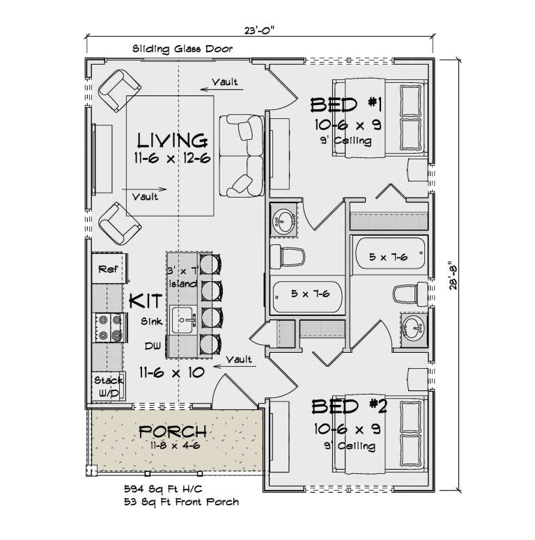 Main Floor: 2BR, 2BA, vaulted Living, Kitchen with island, stack Ldry, Porch. 9' ceilings in BRs. 594 sq ft heated. House Plan # 4848-00637 Main Floor Floor Plan Drawing by America's Best House Plans, Inc.
