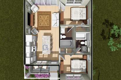 Overhead Main Floor: 2BR, 2BA, open Kitchen/Living, island, 2 WIC, covered porch. Unheated: porch area. House Plan # 4848-00637 Overhead Main Floor Floor Plan Drawing by America's Best House Plans, Inc.