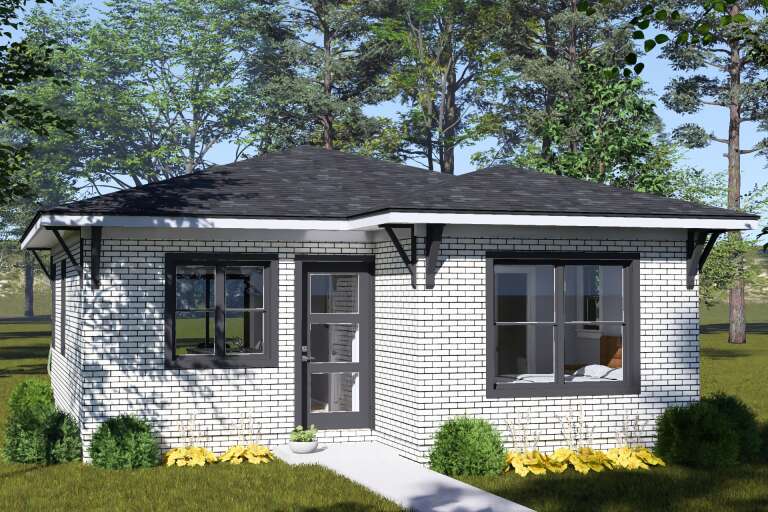 White Contemporary, Angled Front Elevation, white brick siding, dark trim, hip roof, decorative brackets, lush landscaping. House Plan # 4848-00638 Digital Rendering by America's Best House Plans, Inc.