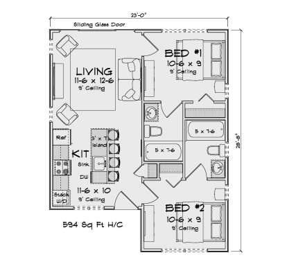 Main Floor: 2BR, 2BA, Living, Kitchen with island, Stacked Ldry. 594 sq ft heated, 9' ceilings throughout. House Plan # 4848-00638 Main Floor Floor Plan Drawing by America's Best House Plans, Inc.