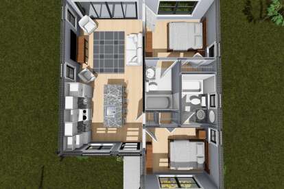 Overhead Main Floor: 2BR, 2BA, open Kitchen/Living, island, 2 WIC, storage closet. House Plan # 4848-00638 Overhead Main Floor Floor Plan Drawing by America's Best House Plans, Inc.