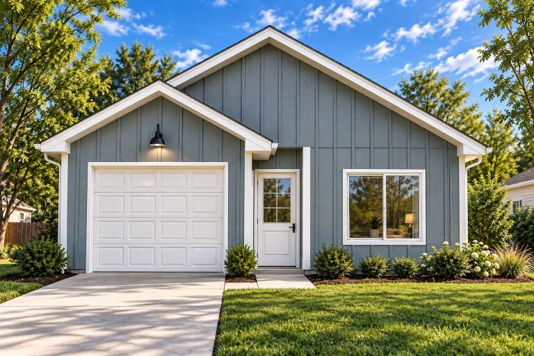 Blue Country Front Elevation, board-and-batten siding, white garage door, gooseneck light, manicured lawn, concrete drive. House Plan # 4350-00004 Digital Rendering by America's Best House Plans, Inc.