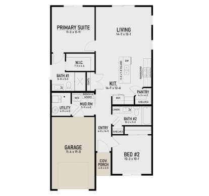 Main Floor: 2BR, 2BA, Living, Kitchen, Pantry, Mud Rm, Utility, WIC, 1-car garage, Cov. Porch. Unheated: garage, porch. House Plan # 4350-00004 Main Floor Floor Plan Drawing by America's Best House Plans, Inc.