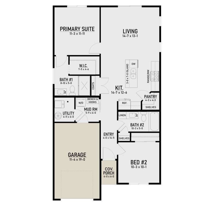 Main Floor: 2BR, 2BA, Living, Kitchen, Pantry, Mud Rm, Utility, WIC, 1-car garage, Cov. Porch. Unheated: garage, porch. House Plan # 4350-00004 Main Floor Floor Plan Drawing by America's Best House Plans, Inc.