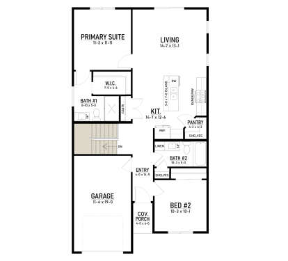 Main Floor w/ Basement Stairs: 2BR, 2BA, Living, Kitchen, Pantry, Entry, 1-car garage, Cov. Porch, WIC, Linen closet. Stairs. House Plan # 4350-00004 Main Floor w/ Basement Stairs Location Floor Plan Drawing by America's Best House Plans, Inc.