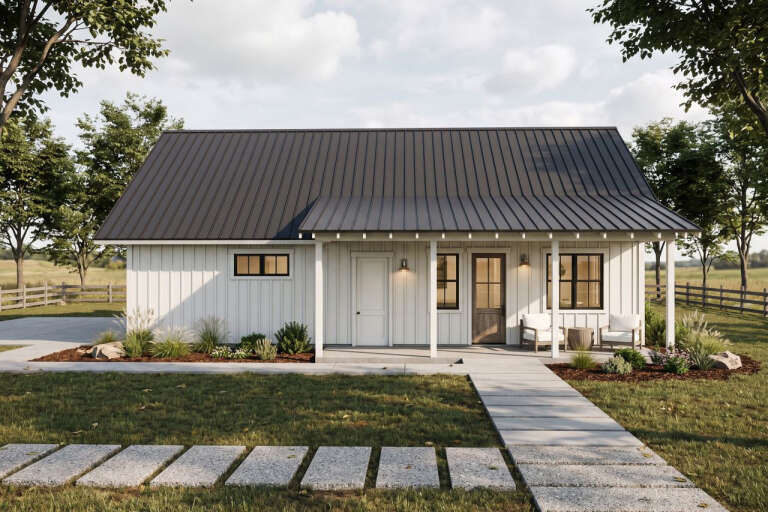 White Country, Front Elevation with board-and-batten siding, metal roof, concrete porch, sconces, and stone walkway. House Plan # 7011-00023 Digital Rendering by America's Best House Plans, Inc.