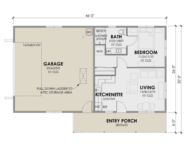Main Floor: 1BR, 1BA, Living, Kitchenette, Ldry, 2-car garage, Entry Porch. 10' ceilings, attic storage with ladder. House Plan # 7011-00023 Main Floor Floor Plan Drawing by America's Best House Plans, Inc.
