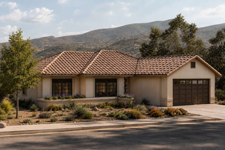 Tan Mediterranean, Angled Front Elevation, stucco siding, tile roof, dark garage door, desert landscaping, mountain view. House Plan # 035-01240 Digital Rendering by America's Best House Plans, Inc.