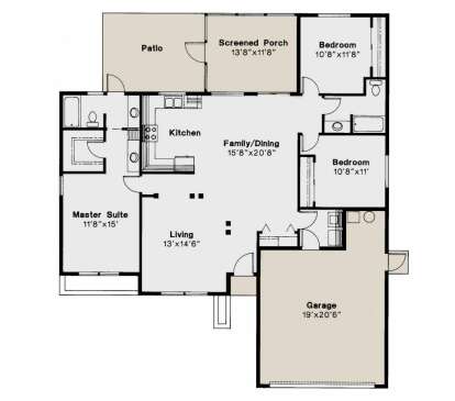 Main Floor: 3BR, 2BA, Kitchen, Family/Dining, Living, WIC, 2-car garage, Patio, Screened Porch. Unheated: garage/patio/porch. House Plan # 035-01240 Main Floor Floor Plan Drawing by America's Best House Plans, Inc.
