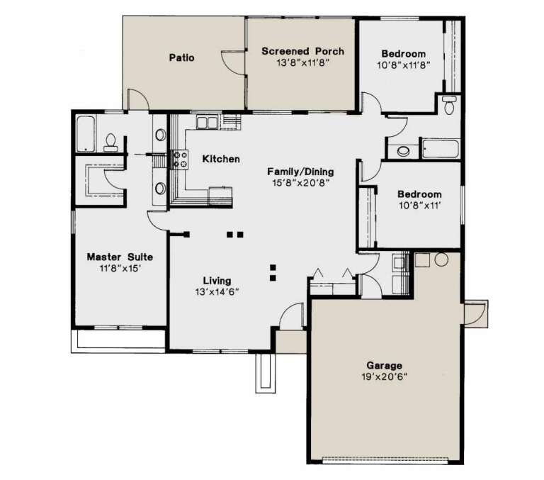 Main Floor: 3BR, 2BA, Kitchen, Family/Dining, Living, WIC, 2-car garage, Patio, Screened Porch. Unheated: garage/patio/porch. House Plan # 035-01240 Main Floor Floor Plan Drawing by America's Best House Plans, Inc.