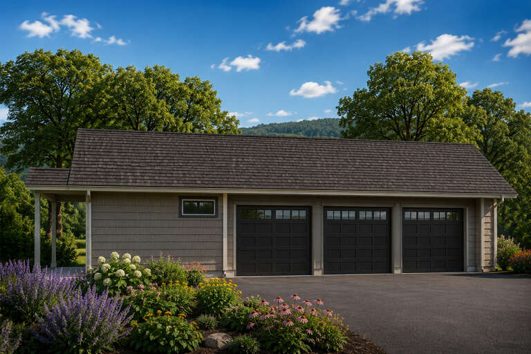 Tan Traditional, Front Elevation, shingle siding, three dark garage doors, asphalt driveway, lush garden landscaping. House Plan # 035-01241 Digital Rendering by America's Best House Plans, Inc.