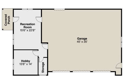 Garage Floor: Large garage, Rec room, Hobby room, Storage closet, Covered porch. Unheated: garage and porch areas. House Plan # 035-01241 Garage Floor Floor Plan Drawing by America's Best House Plans, Inc.