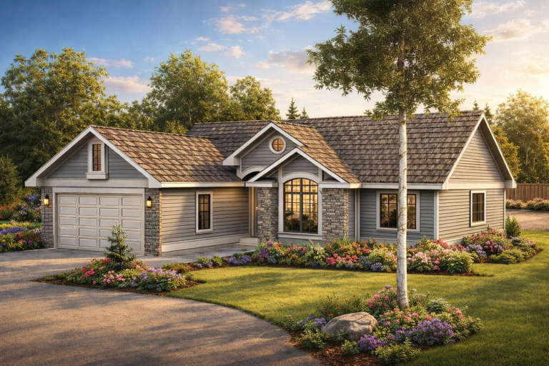 Grey Craftsman, Angled Front Elevation with stone accents, lap siding, arched window, wall sconces, and floral landscaping. House Plan # 035-01242 Digital Rendering by America's Best House Plans, Inc.