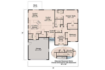 Main Floor: 3BR, 2BA, Vaulted Living/Dining/Entry/Study, Kitchen, Ldry, 2-car garage, Deck, Porch, WIC. Optional basement stairs. House Plan # 035-01242 Main Floor Floor Plan Drawing by America's Best House Plans, Inc.