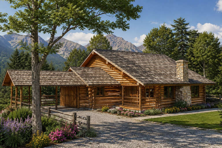 Brown Log, Angled Front Elevation, cedar shake roof, stone chimney, covered porch, gravel drive, mountain backdrop. House Plan # 035-01243 Digital Rendering by America's Best House Plans, Inc.
