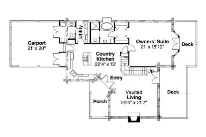 Main Floor: 1BR, 1.5BA, Country Kitchen, Vaulted Living, Fireplace, Utility, Carport, 2 Decks, Porch, Stairs, WIC. House Plan # 035-01243 Main Floor Floor Plan Drawing by America's Best House Plans, Inc.