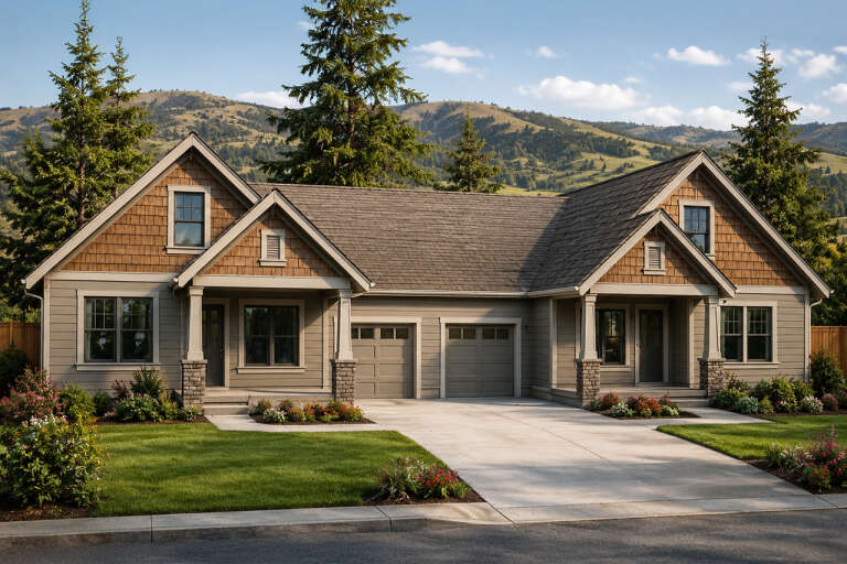 Taupe Craftsman, Angled Front Elevation with cedar shakes, stone-based columns, concrete driveway, and lush landscaping. House Plan # 035-01244 Digital Rendering by America's Best House Plans, Inc.