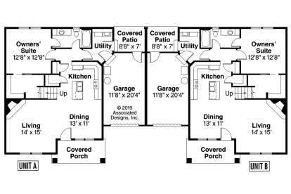 Main Floor: Duplex, 2 units, each 1BR, 1BA, Living, Dining, Kitchen, Utility, 1-car garage, covered porch, covered patio. House Plan # 035-01244 Main Floor Floor Plan Drawing by America's Best House Plans, Inc.