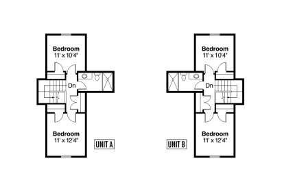 Second Floor: 2 Units, each with 2BR, 1BA, and stairs. Mirror image layout. House Plan # 035-01244 Second Floor Floor Plan Drawing by America's Best House Plans, Inc.