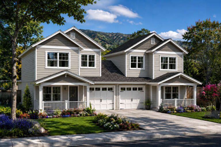 Beige Transitional, Angled Front Elevation, horizontal siding, shake gables, white porches, dual garages, lush landscaping. House Plan # 035-01245 Digital Rendering by America's Best House Plans, Inc.
